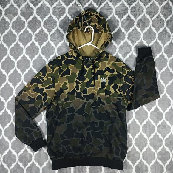 Adidas Hoodie Mens Medium Camo Green Black Trefoil Logo Pullover Sweatshirt - Picture 1 of 8